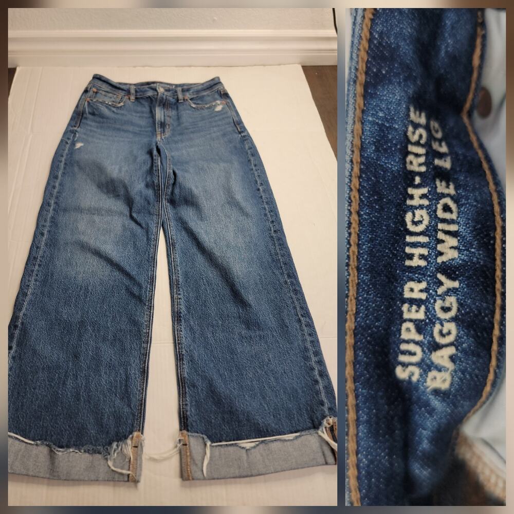 AMERICAN EAGLE Jeans Womens 8 DIY Cuffed Super High Rise Baggy Wide Leg Drapey